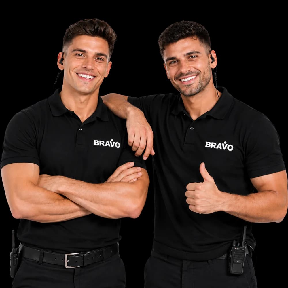 Dos profesionales de Bravo sonriendo, con el polo de la marca